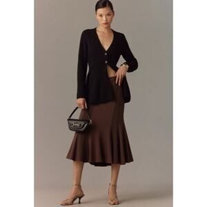 By Anthropologie Fluted Knit Midi Skirt Sz S Brown Pleated Flare Minimalist NWT
